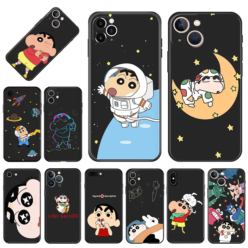 Silikónový mäkký puzdro pre iPhone 16 Plus 15 14 13 12 11 Pro Max Mini XR SE 7 8 Crayon Cute Moon Shin_chan Black zadný kryt