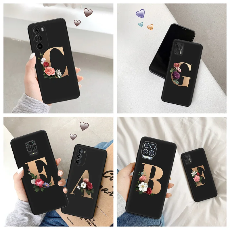 Silikónový čierny telefónny puzdro pre Moto G72 G53 G73 G9 G50 G51 G60 G71 G22 G32 G52 Ahoj Zlatý kvetinový písmen Edge 30 20 40 Pro Cover