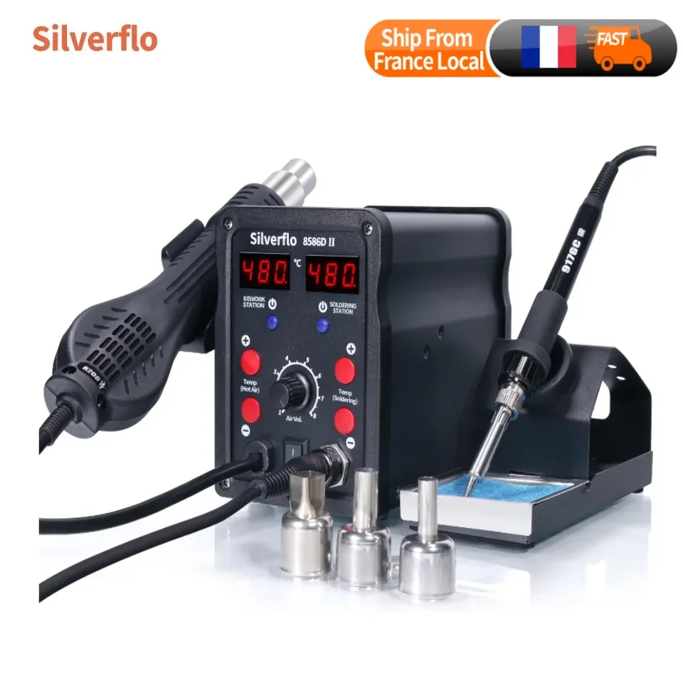 Silverflo 8586d-II Spájková stanica 2 v 1 spájkovacia železná horúca stanica Zváracia stanica s režimom 10 minút spánku
