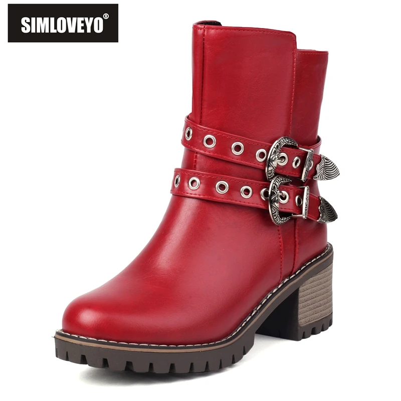 Simloveyo Ženy členkové topánky Round Toe Toe Chunky Heels 5,5 cm dekor veľkej veľkosti 43 44 Denné voľný čas Bota