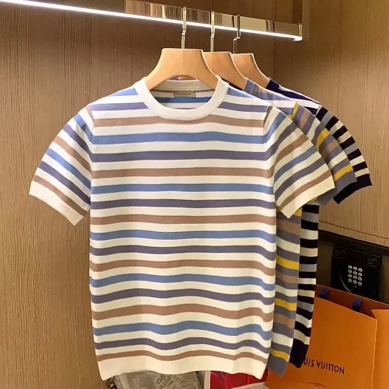 SimpleColor Blokujú pruhované pletené tričko klasický preppy štýl čerstvé príležitostné rukávy Pánske tričko Kórea W43