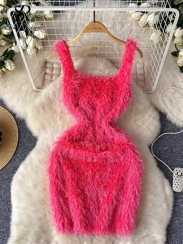 Singreiny American Sexy Wool Slim Dress Ženy špagety remienok Square Neck Ins Bodycon Základné vysoko kvalitné klubové módne šaty