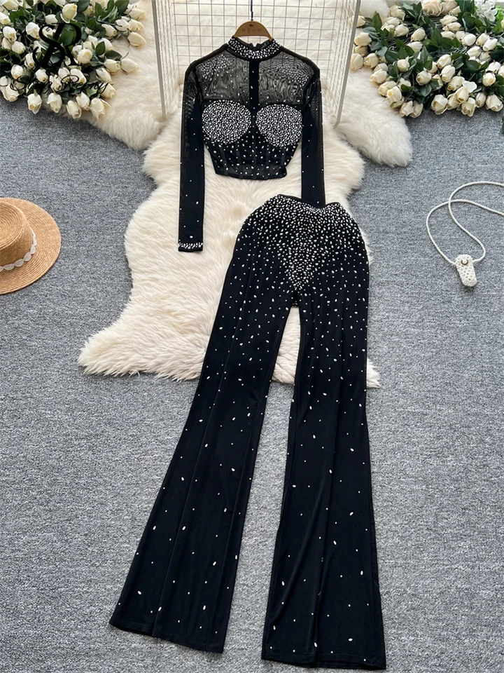 Singreiny American Streetwear Sexy obleky Ženy o krku dlhé rukávy Krátke vrcholy+široké nohy dlhé nohavice módne diamanty