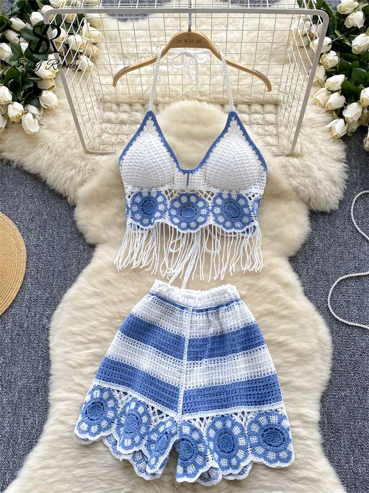 Singreiny Bohemian Dovolenka Štýl pletených súprav mini camis+široké nohy Krátke nohavice letné ženské strapce sexy pláž 2 kusy obleky