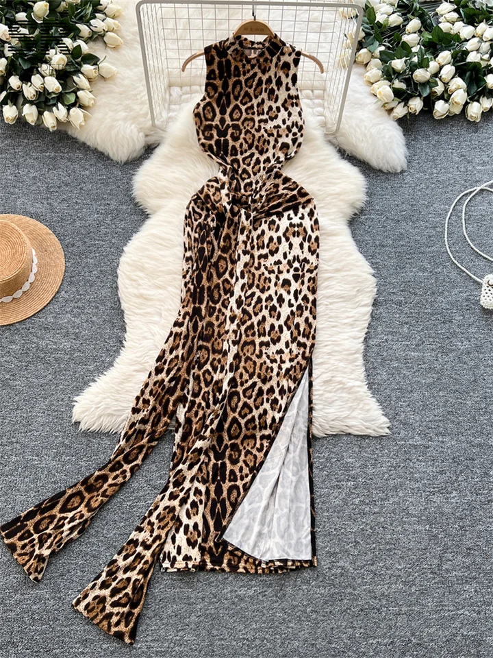 Singreiny Fashion Leopard Dress Ženy bez rukávov Streetwear Streetwear Hot O Neck Vysoko kvalitné štíhle split Autumn Party Sexy dlhé šaty