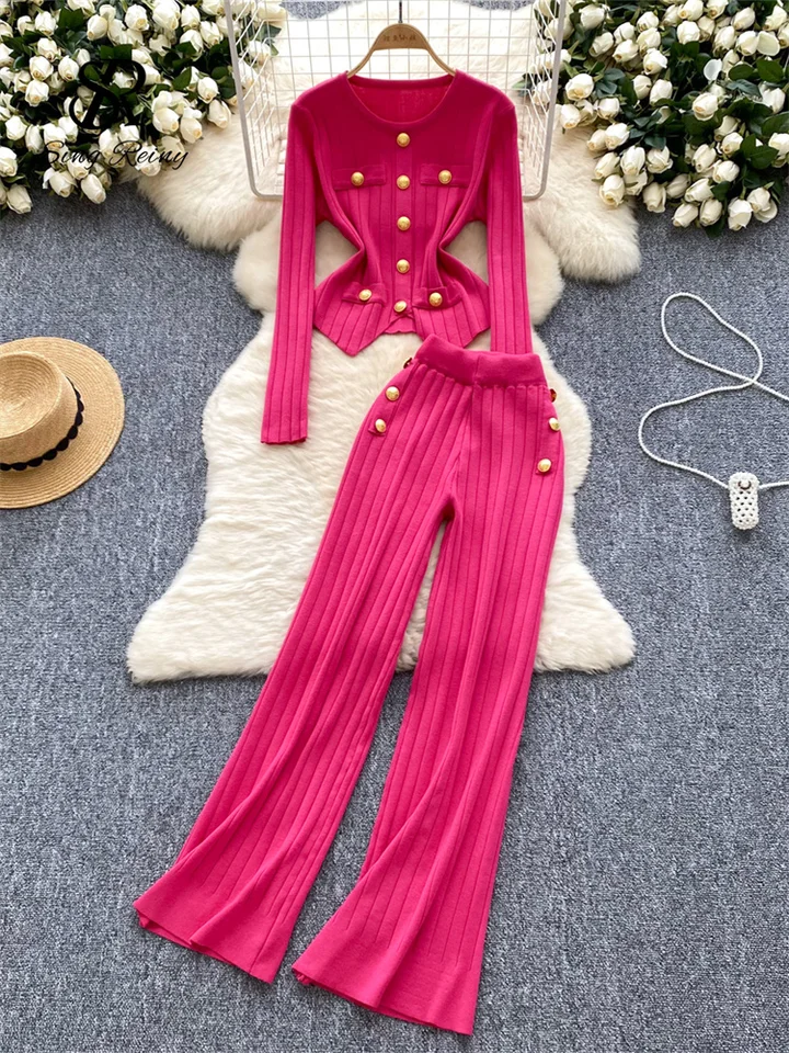 Singreiny Fashion ol Zimné obleky Ženy s dlhými rukávmi Elegantné gombíky PulVery+elastické dlhé nohavice Vintage sveter Dva kusy súpravy