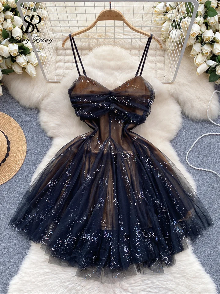 Singreiny French Gentle Princess Sweet Sweet Party Dress Elegant bez rukávov dizajn dizajn ženského popruhu V-krk lesklý bodku gáza mini šaty