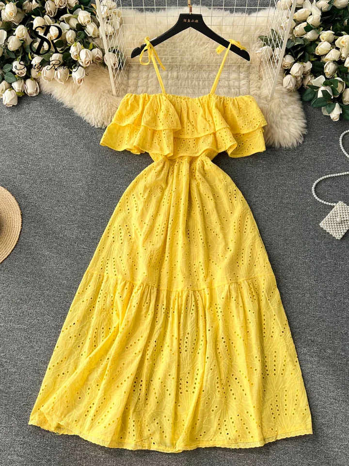 Singreiny High Street Cotton vyšíva dlhé šaty Dlhé šaty Ženy Dutiny Out Backless Beach Sundress Móda z ramena Sexy šaty