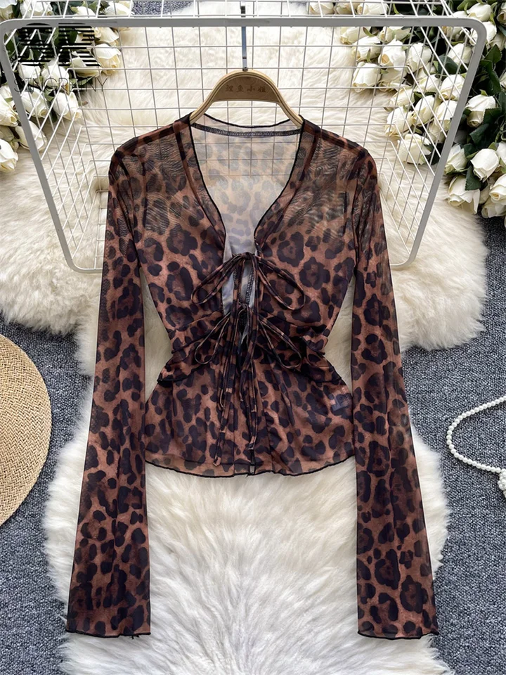 Singreiny leopardová sieťová blúzka blúzka Ženy s dlhým rukávom Lace Up Design Top Dámy Vysoko kvalitné módne tenké základné tričko