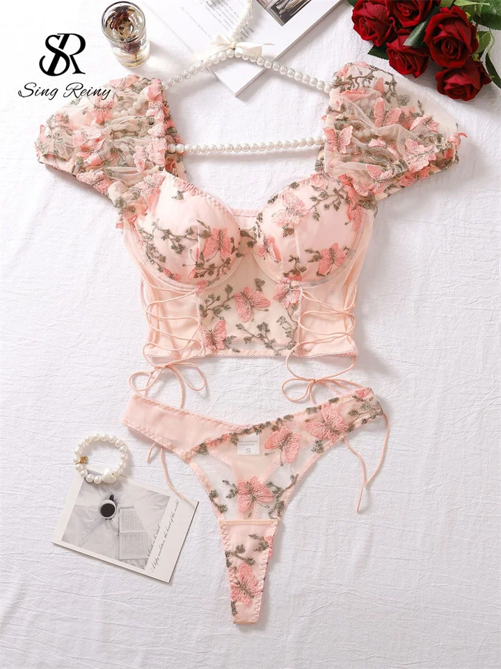 Singreiny mesh číry sexy spodná bielizeň obleky na šnurovanie rukávov s krátkym vrcholom+mini nohavičky kvetinové vyšívanie