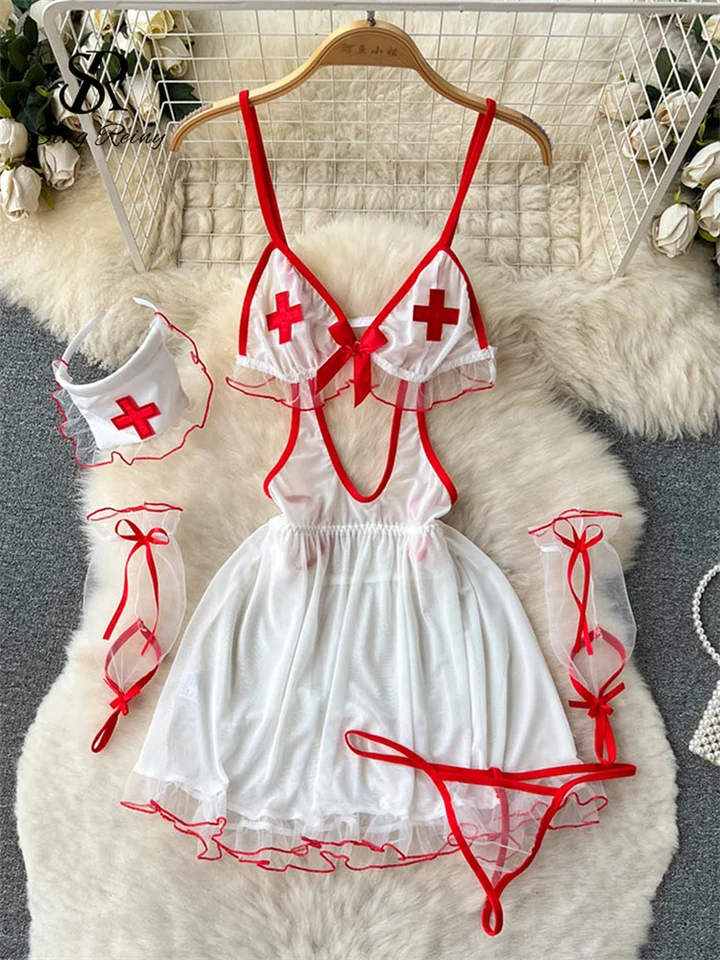 Singreiny Nurse Cosplay sieťy sexy nočné oblečenie Ženy Ženy Elastické mini erotické pyžamá šaty+remienky bez spätného zmyslu nočného šaty