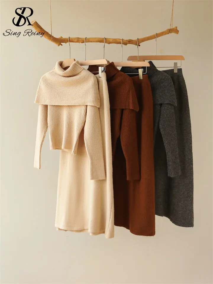 Singreiny Senior OL pletená 3pc obleky Ladies Turtleneck Shawl+Pullover s dlhými rukávmi+elatický pás voľný sukňu Solid Sweater Sety