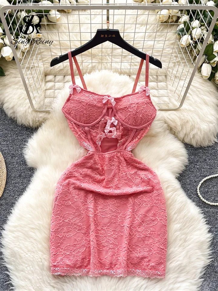 Singreiny Strap Lace Lingerie Sexy šaty 2024 Dámske rukávy bez rukávov Hollow Out Bow Hotsweet Slim erotic Shapewear Mini NightDress