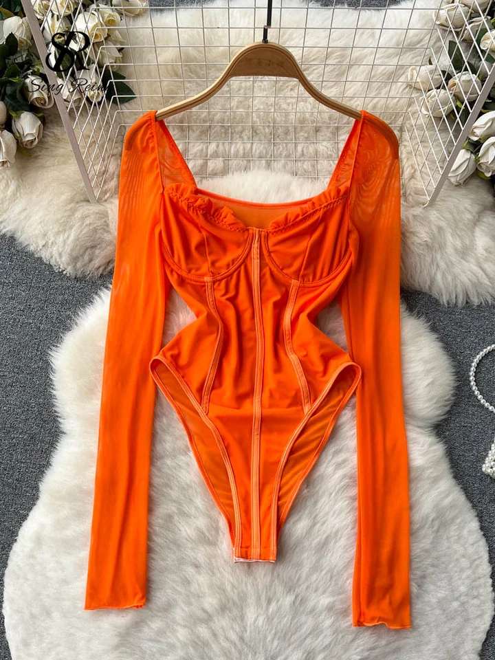 Singreiny Summer Corset Sexy Sexy BodySuits s dlhým rukávom štvorcový krk číry štíhly Rompers Streetwear Ins Ruffles Beach Bodysuits