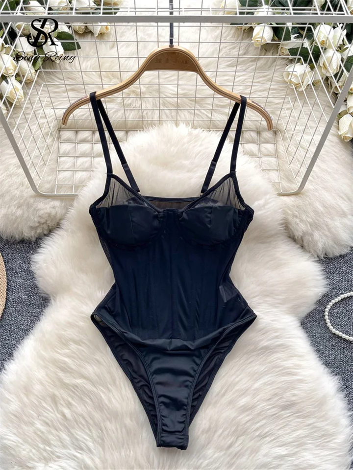 Singreiny Transparent Club Slim Backless BodySuits bez rukávov chudé krátke hranenia ženské otvorené rozkroky gáza číre sexy hompery