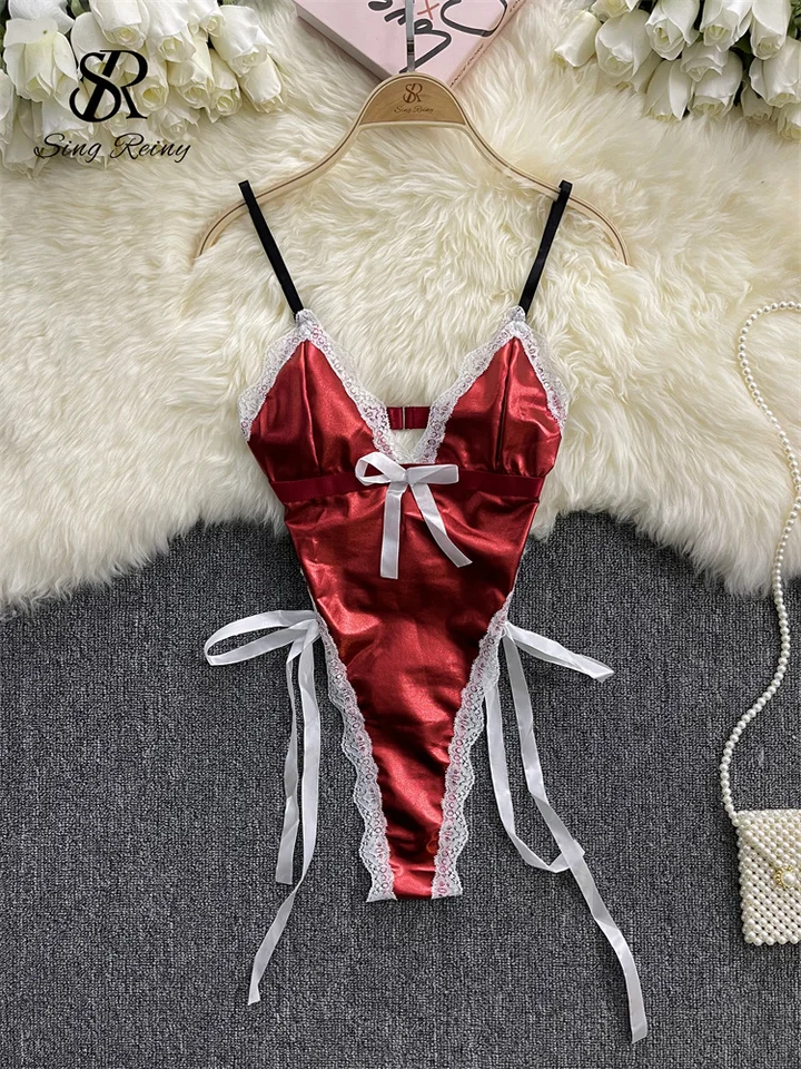 Singreiny vianočná koža Sexy BodySuit Strap Race Design Design Rompers 2024 V Brck Dutlow Out Backless Erotic PlaySuit