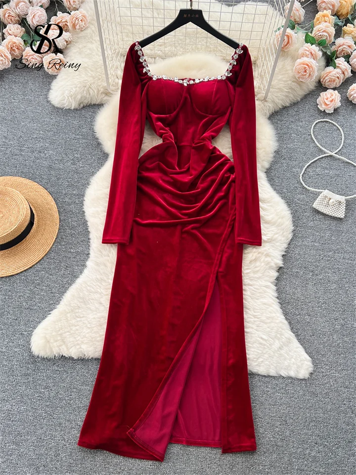 Singreiny Winter Velvet split dlhé šaty 2023 Dámske squre krk dlhé rukávy zips