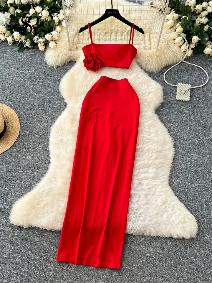 Singreiny Women 3d Floral Beach Sety Summer Strap Mini Tank Top+Split Bodycon Long Sukne Fashion Hotsweet Sexy Two Piece Suits