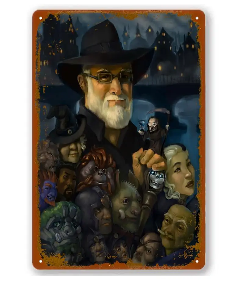 Sir Terry Pratchett z Ankh Morpork Magic a Fantasy People Zvieratá a stvorenia kovové plechové znamenie vintage hliníkový znak rustikálny w