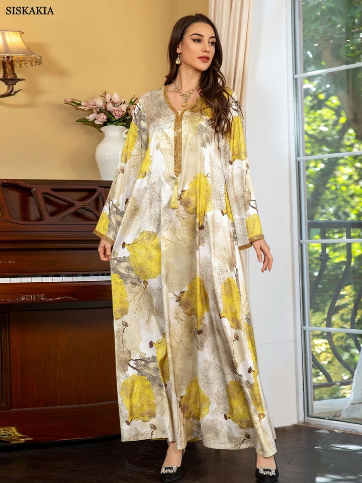 Siskakia Moslim Eid Ženy saténové tlačiareň V-krk maxi dlhé šaty turecké africké saudské módne diamanty abayas marocký kaftan