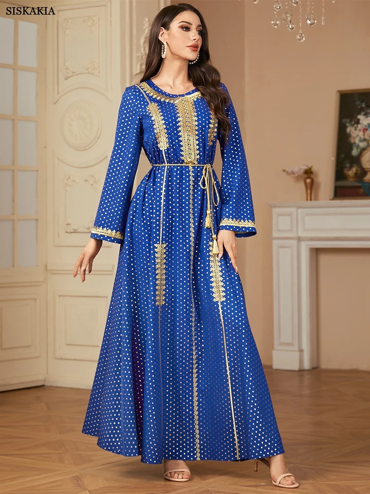Siskakia Polka Dot Dot vyšíva Luxusný moslimský abayas pre ženy Dubaj O-Neck Turecko islam africké módne šaty s opaskom