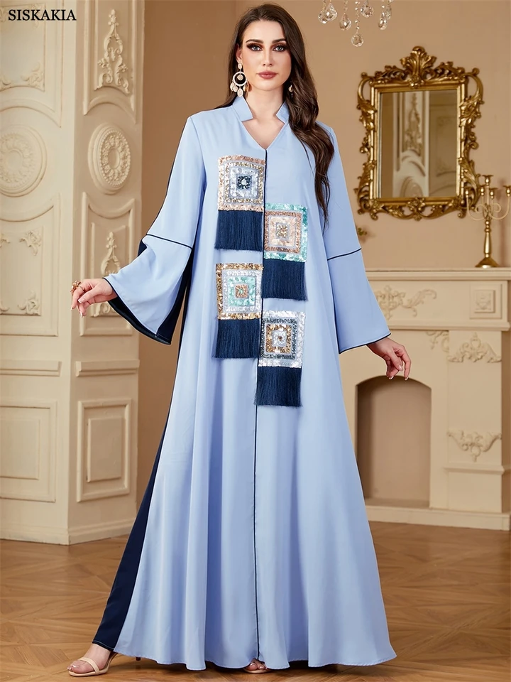 Siskakia Ramadan Moslimské dámske flitry Patchwork Abaya panel Tassel maxi šaty Dubaj voľný elegantný Kaftan