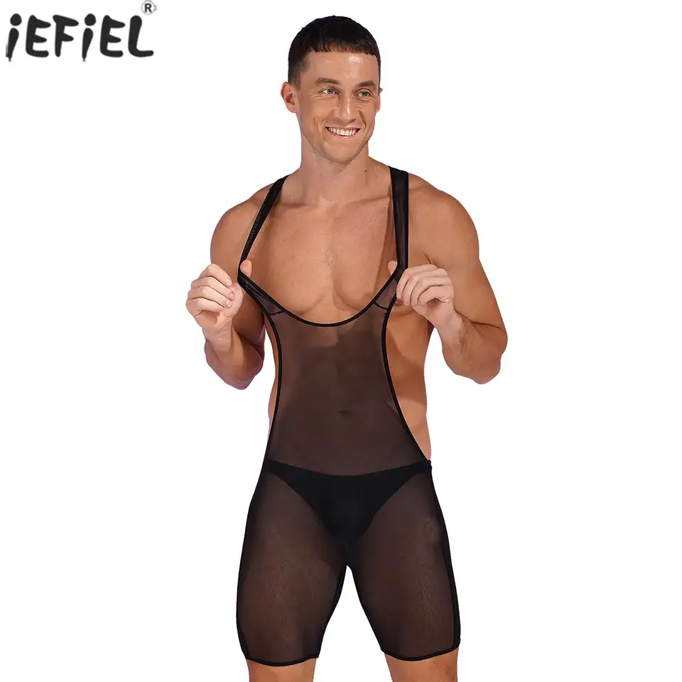 Sissy Men Ultra Mesh Deep U Neck BodySuit Wrestling Singlet Summer Sport Swicksuit Nightclub Party Sval