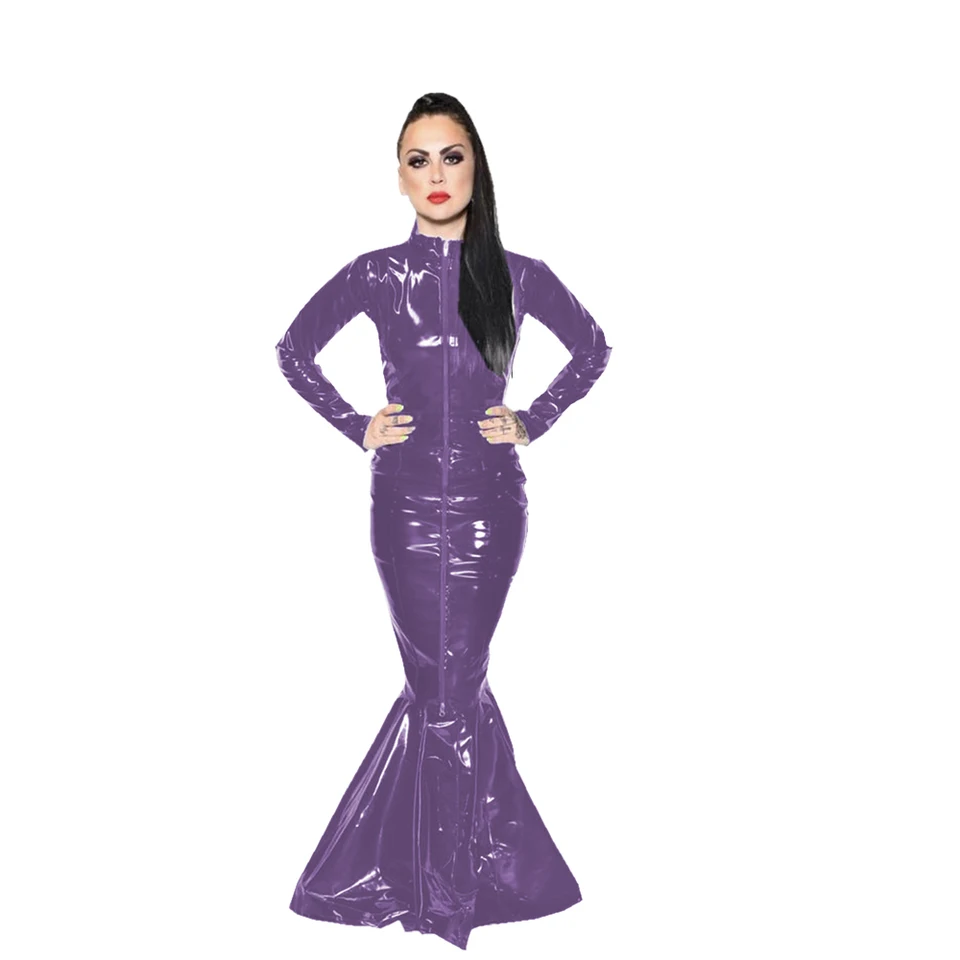 Sissy sexy faux latex podlahová dĺžka večerné šaty mokrý vzhľad PVC morská panna šaty elegantné telescon s dlhým rukávom Prom Club šaty