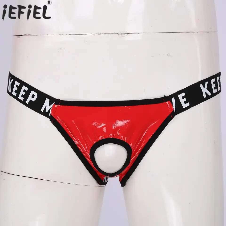 Sissy spodná bielizeň muži vylučujú briefingy homosexuály lákavé spodné prádlo patentované kožené vytrasenie vrecka jockstrap t-back písmenový tlačný remienok