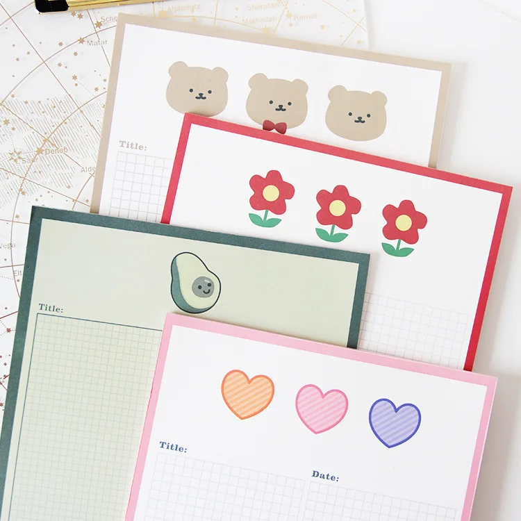 Sixone 30 listov roztomilý karikatúra Bear Floret Avokado Grid Memo Pad Kawaii Stumping Student Diary Girl School Poznámka Kniha Kniha