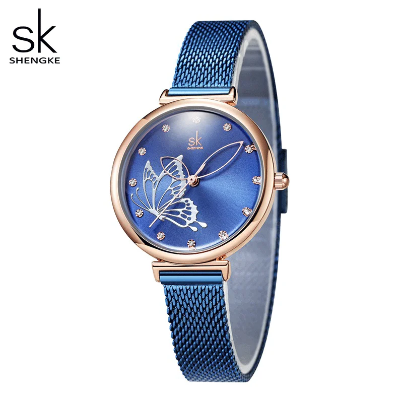 SK Original Design Dámske módne hodinky Modrá z nehrdzavejúcej ocele Lady Quartz náramky shengke elegantné ženské motýľové hodiny