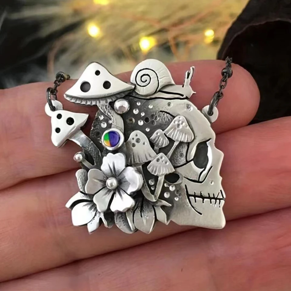 Skeleton huba kvetinový náhrdelník gotický štýl lebky slimák prívesok vintage šperky darčeky pre ženy a muž