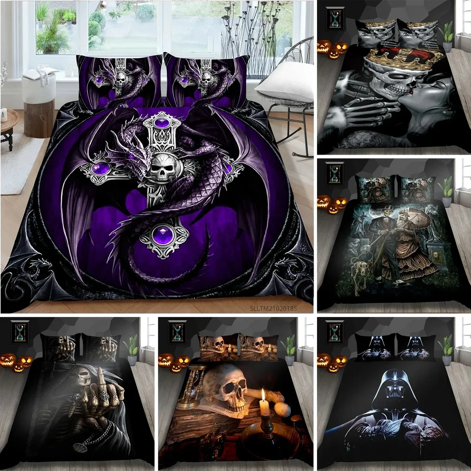 Skeleton King King Queen Cover Cover Lube Bedwing Set pre deti dospievajúci dospelí Halloween Spálňa dekor Soft