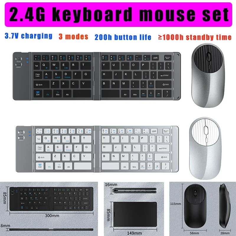 Skladacia klávesnica myši set pre iPad prenosný prenosný prenosný prenosný bezdrôtový klávesnicu 3Modes Bluetooth s tabletom Type-C Type-C