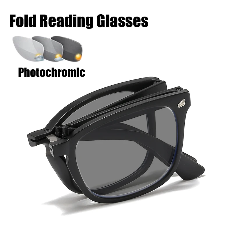 Skladacie fotochromatické slnečné okuliare Ženy Men Vintage farba Zmena štvorcových okuliarov Čítanie vonkajšie prenosné prenosné presbyopia