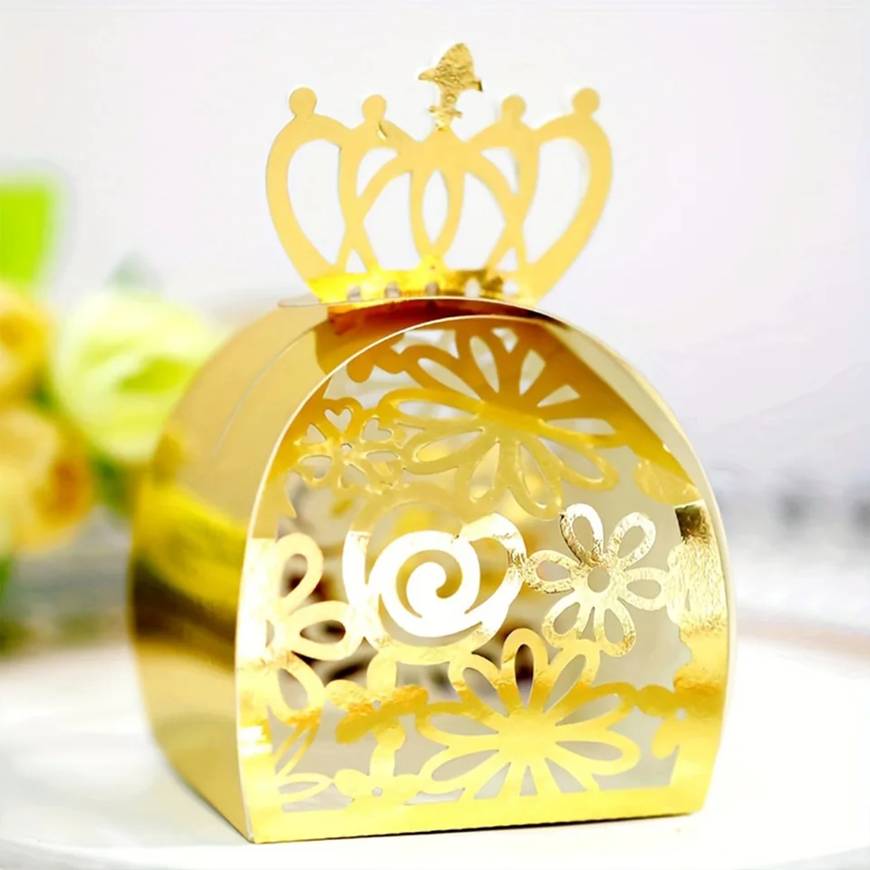 Skladacie svadobné cukrovinky Hollow Out Crown Laser Cutting Candy Boxes vhodné na narodeninové spoločnosti