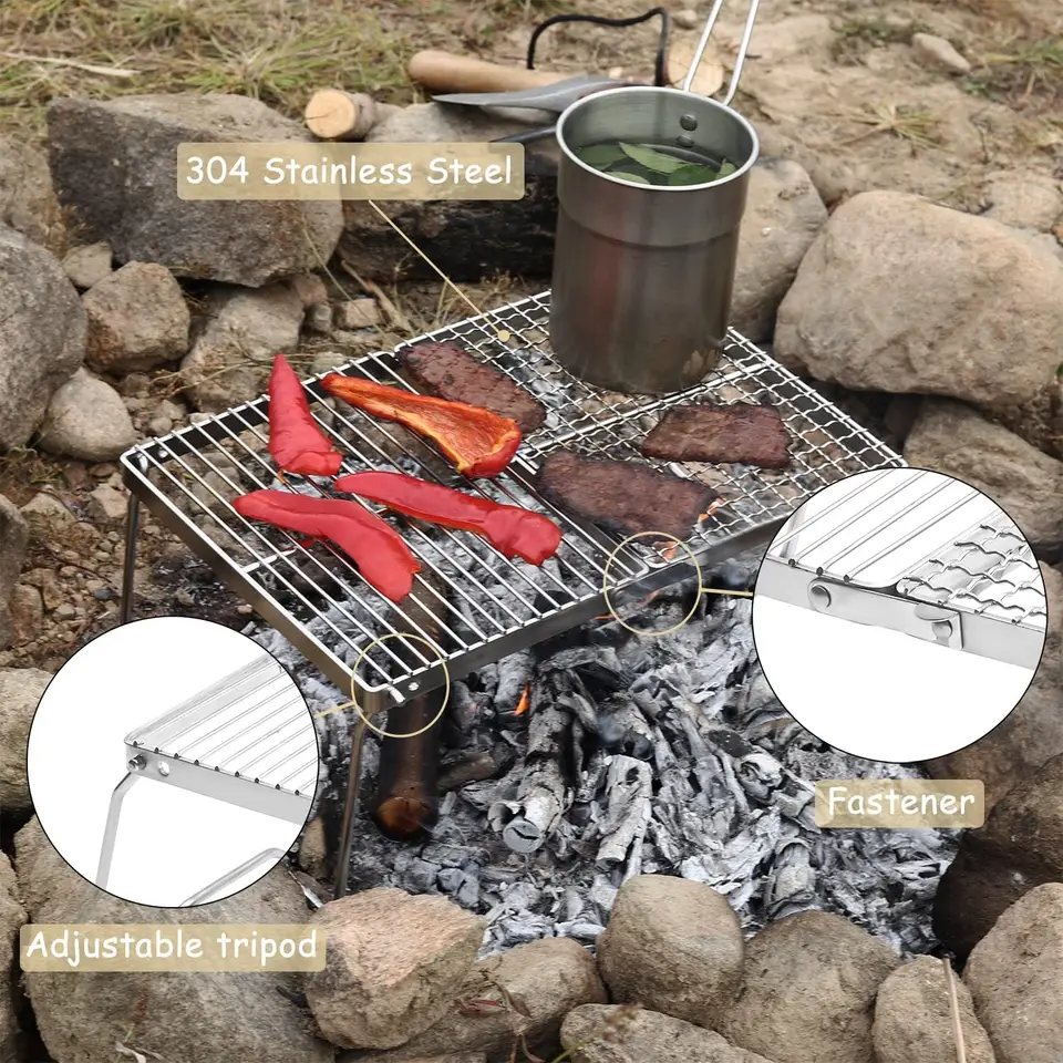Skladací gril, prenosný kempingový gril rošt, 304 z nehrdzavejúcej ocele Fire Coaring Racks pre kompaktné skladovanie, BBQ