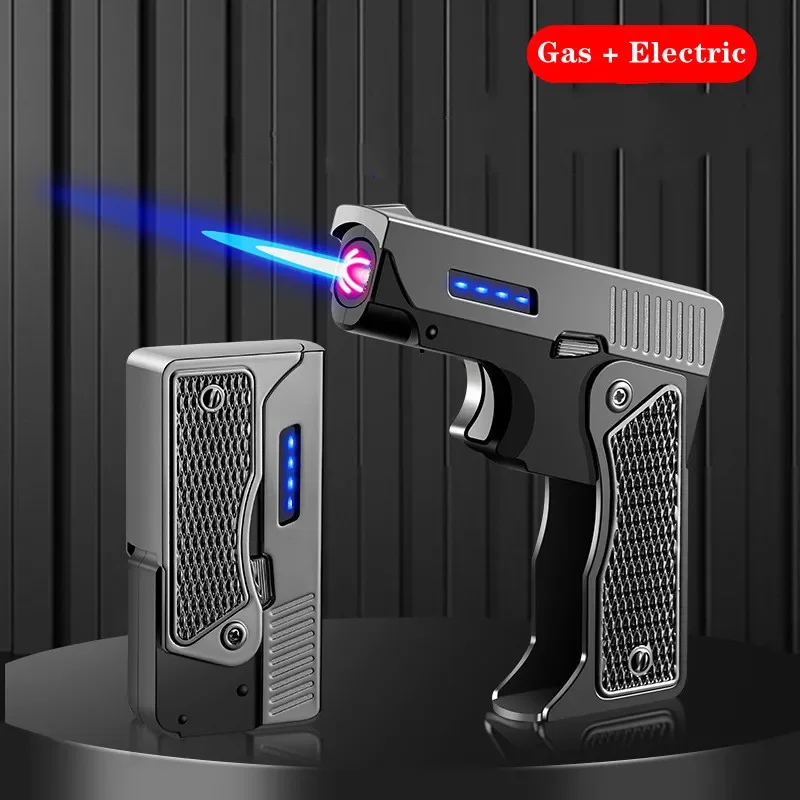 Skladací vonkajší vetruvový kovový elektrický plyn Svetlejšia turbína Blue Flame Torch Jet Power Displage Dual Arc USB zapaľovače zbraň