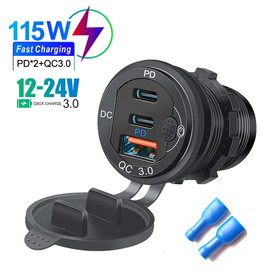 Skladanie na nabíjačku automobilu PD3.0 a QC3.0 USB Type-C Ports Witerproof s LED Touch Switch 115W rýchle nabíjanie automobilu Moto adaptér 12v/24v