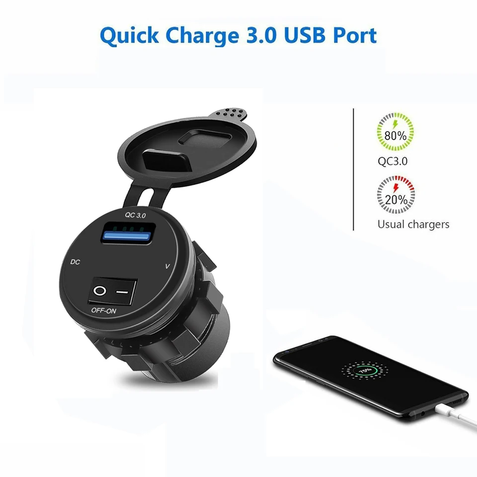 Skladanie na nabíjačku s nabíjačkou s vypínačom a digitálnym voltmeterovým displejom QC 3.0 USB Adaptér rýchleho nabíjania 12V/24 V pre motocykel automobilu