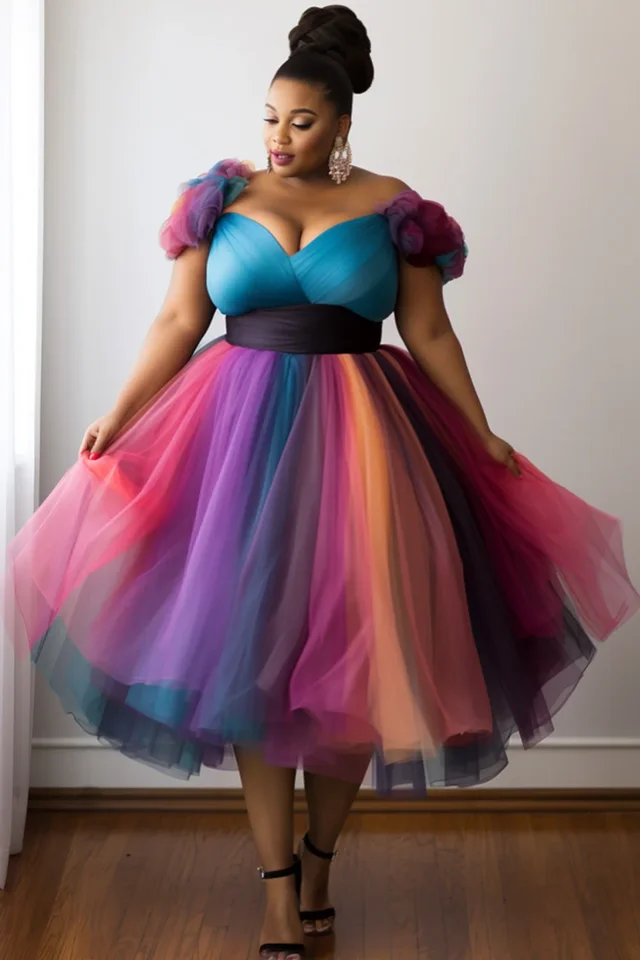 Skladané A-line plus prom elegantné elegantné viacfarebné gradienty jarné letné zábalové krk Tulle midi šaty