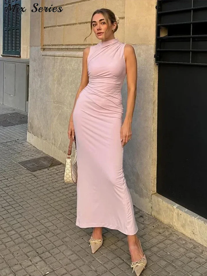 Skladaný korytnačka ružové šaty Bodycon Dreysy Sexy rozdelené bez rukávov dlhé šaty 2024 Jarné leto Nové elegantné elegantné vestidos