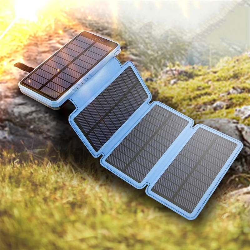 Skladateľný 4 solárny panel Power Bank Prenosná nabíjačka 20000 mah solárna powerbank s kempingovým svetlom pre iPhone 15 14 14 Samsung Xiaomi