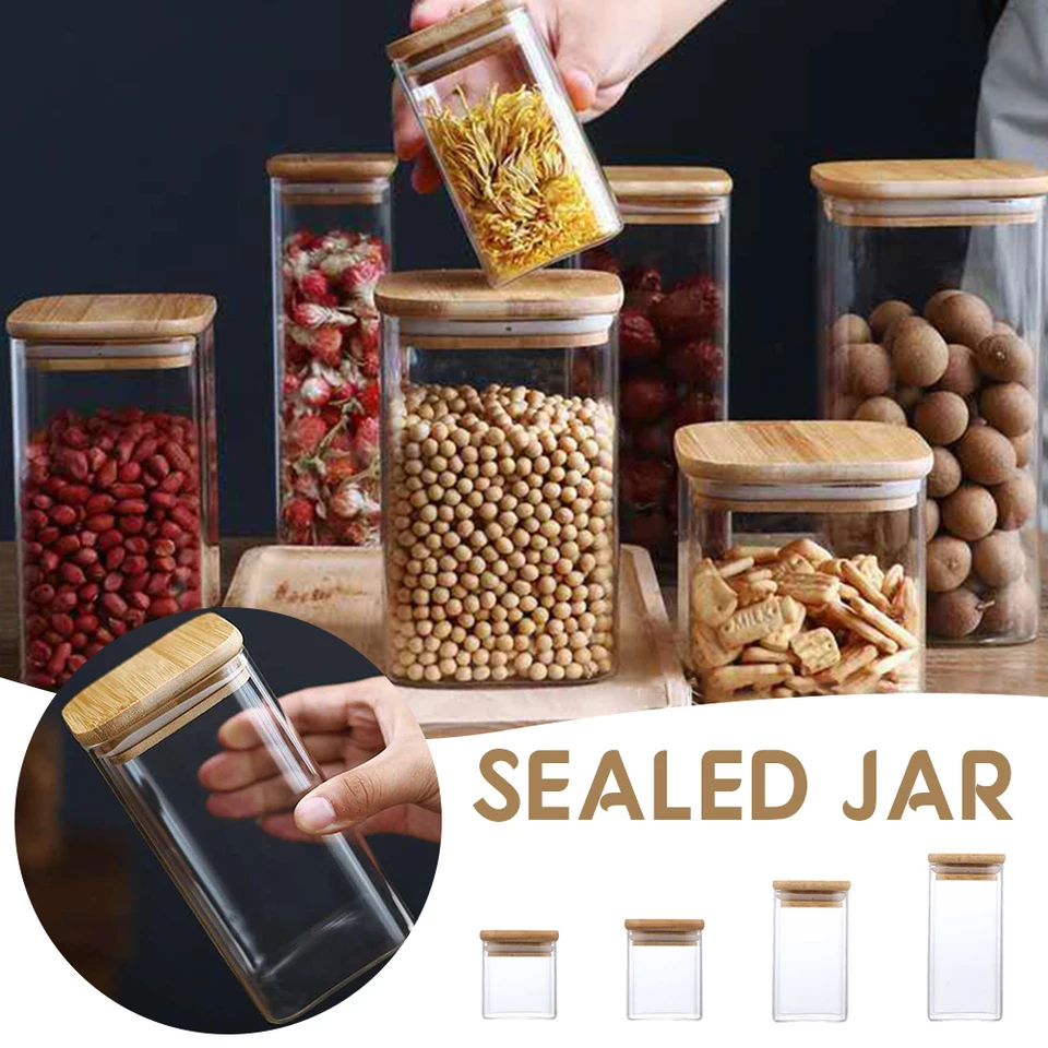 Sklenené nádoby na skladovanie potravín s dreveným vekom kuchyne Snack Snack Candy Nut Sundries Organizátor úložného priestoru pre kuchyňu