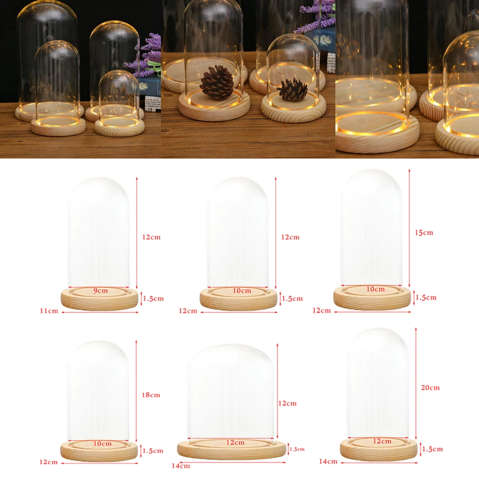 Sklenený displej kupoly + LED drevená základňa, dekoratívne číre sklo zazvonené nádoby na výstavu DOME pre darčeky dekorácie