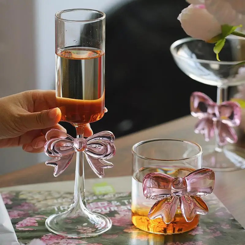 Sklenený pohár 3D ružový luk šálky koktail kokteil hrnčeka dezert kokteil okuliare francúzske dievča Elegantné popoludňajšie čajové šálky červené víno šálka darček