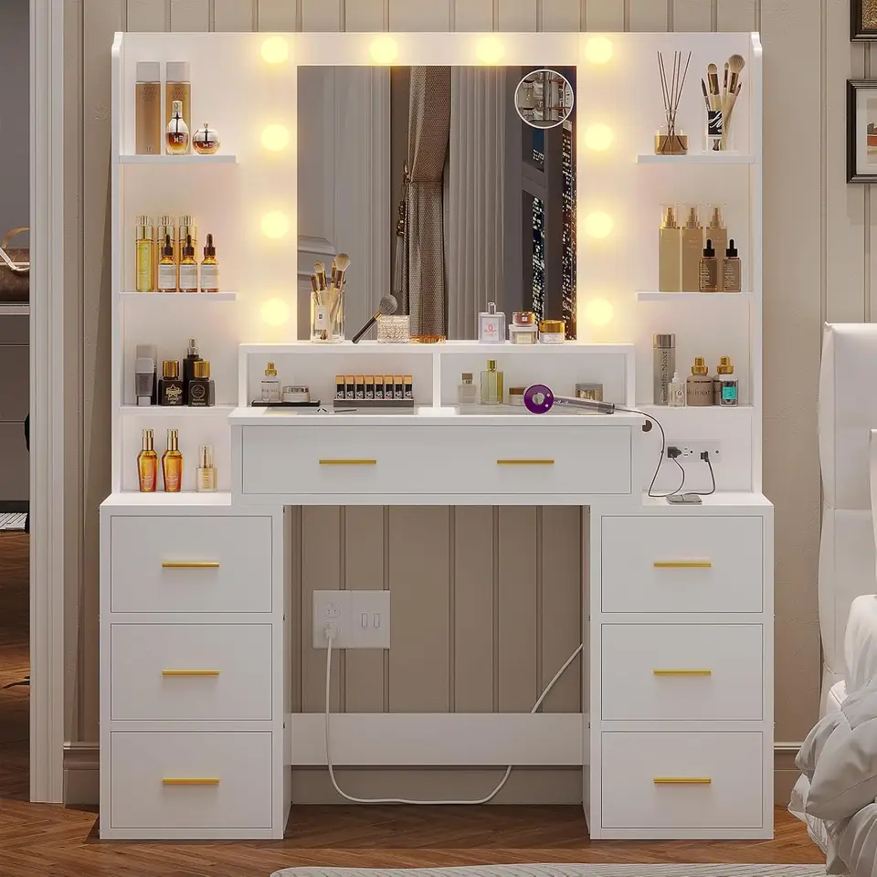 Sklenený vrchný stôl so zrkadlom a svetlami, make -up márnosť so svetlami, nabíjacia stanica a 10 -násobné zväčšovacie zrkadlo, biele