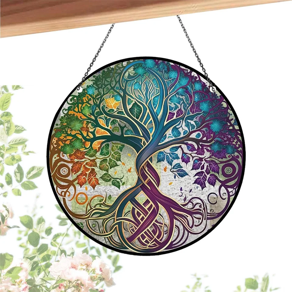 Sklenený vzor Strom života zafarbený suncatcher Four Seasons Téma okenné okno zavesenie ornament sklenený panel dekor darček pre mamu