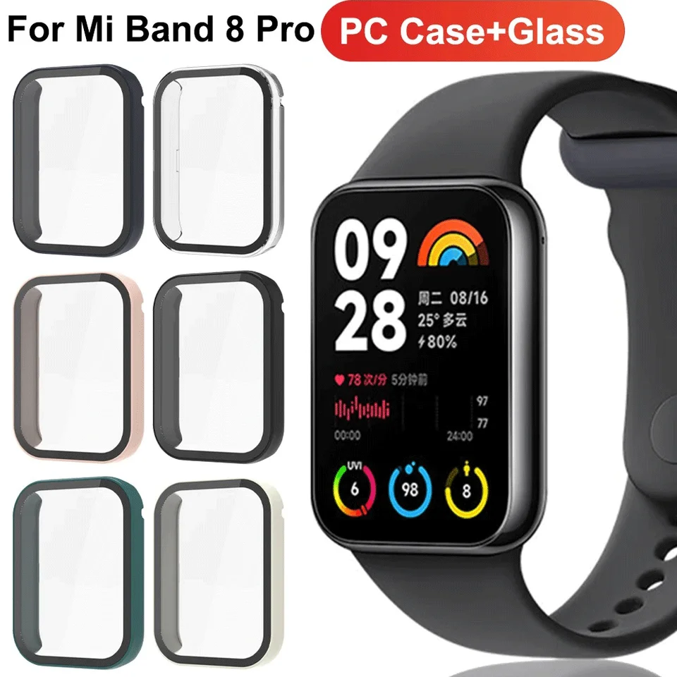 Sklo+puzdro pre Xiaomi Mi Band 8 Smartwatch, všestranný chránič obrazovky PC Temperované sklo pre MI Band 8 Pro Adsestory