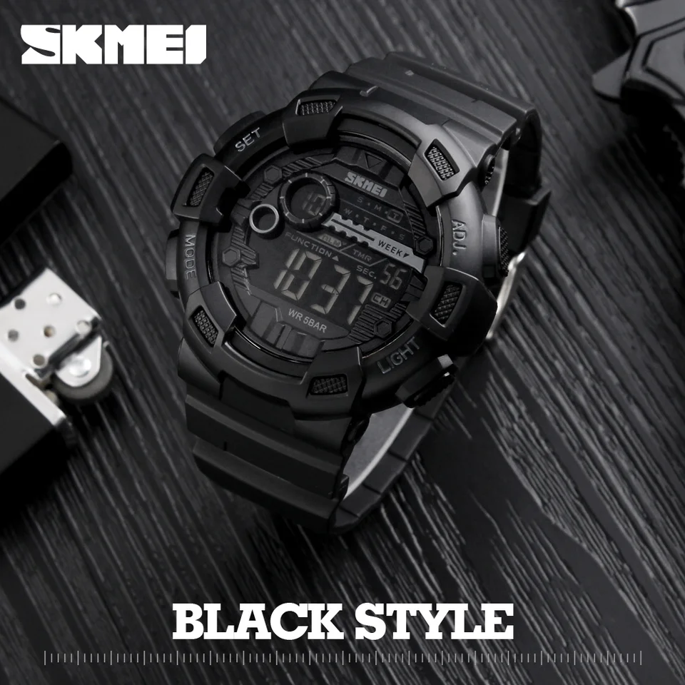 Skmei 1243 muži Multifunkcia 5bar nepremokavého PU popruhový remienok LED hodinky Chrono Digital Watch Reloj Hombre Outdoor Sport Watch